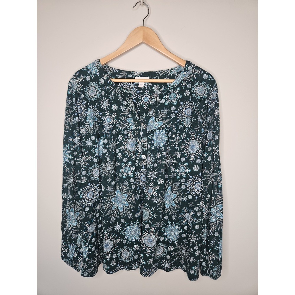 J Jill Blouse 2X Green Blue Medallion Floral Boho Cottage Cotton Modal Stretch